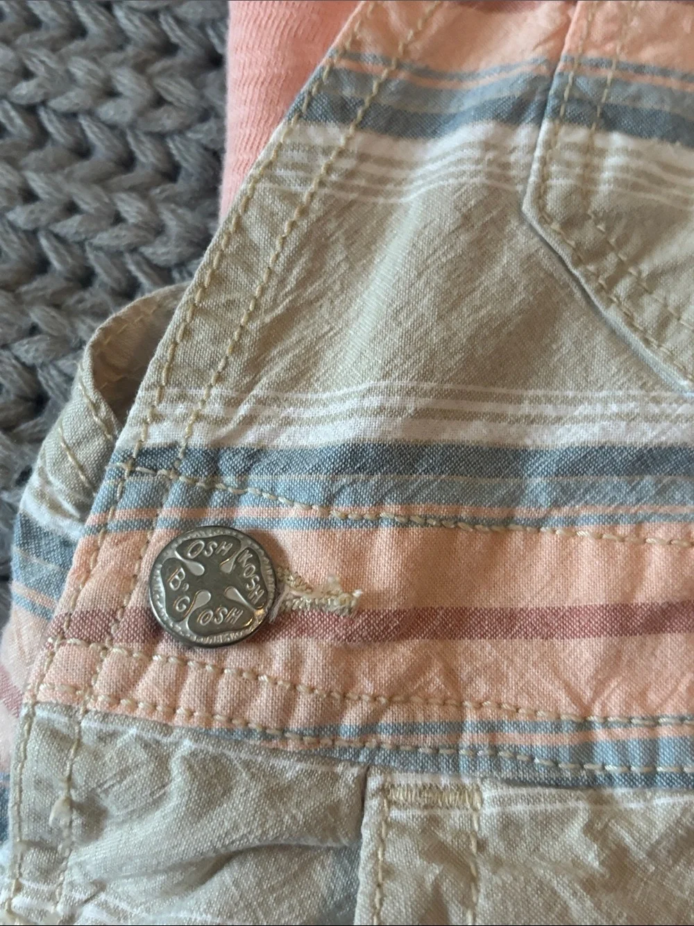 OshKosh B'gosh Peach and Blue Striped Short Overalls with peach Tshirt